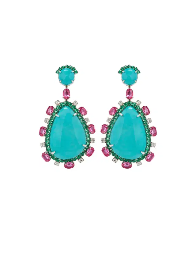 Wish Fine Jewelry 37ct Turquoise Diamond Emerald Tourmaline 14K Gold Drop Earrings