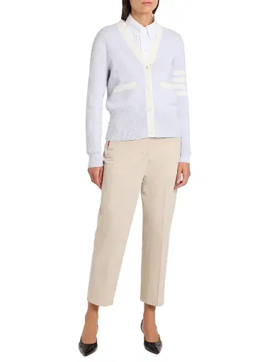 Thom Browne Women's Milano Classic 4-Bar Stripe Cotton V-Neck Cardigan | Thumbnail 2 Thom Browne Women's Milano Classic 4-Bar Stripe Cotton V-Neck Cardigan | Thumbnail 2