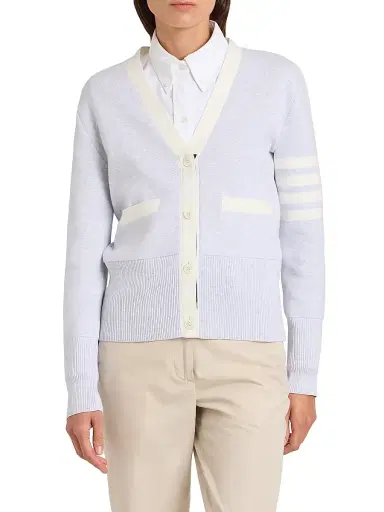 Thom Browne Women's Milano Classic 4-Bar Stripe Cotton V-Neck Cardigan | Thumbnail 3 Thom Browne Women's Milano Classic 4-Bar Stripe Cotton V-Neck Cardigan | Thumbnail 3