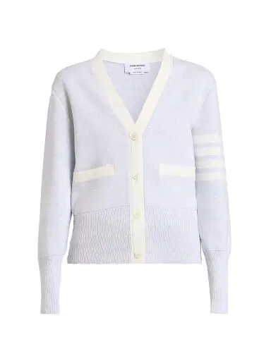 Thom Browne Women's Milano Classic 4-Bar Stripe Cotton V-Neck Cardigan | Thumbnail 1 Thom Browne Women's Milano Classic 4-Bar Stripe Cotton V-Neck Cardigan | Thumbnail 1