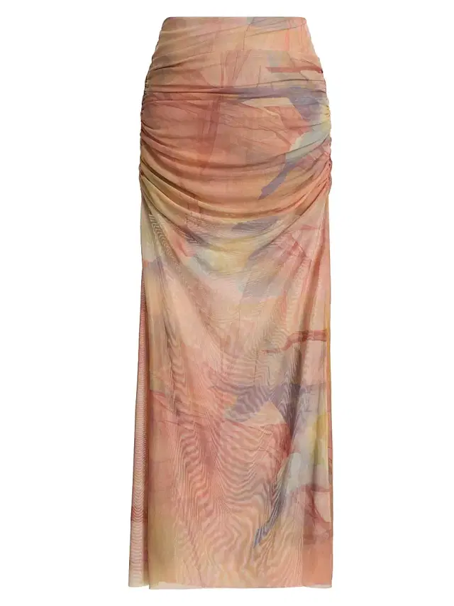 Ronny Kobo Women's Bruno Ruched Maxi Skirt - Light Blue Dark Brown Print