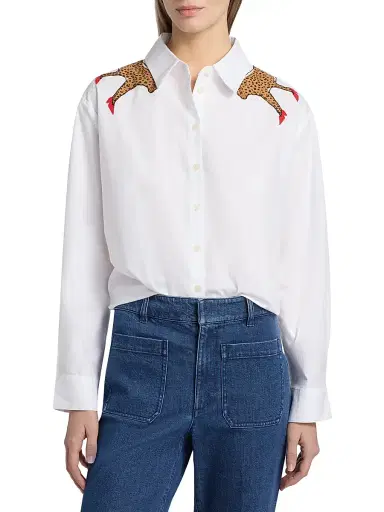 Tanya Taylor Women's Margaux Cheetah Button-Front Cotton Shirt - Optic White | Thumbnail 3 Tanya Taylor Women's Margaux Cheetah Button-Front Cotton Shirt - Optic White | Thumbnail 3