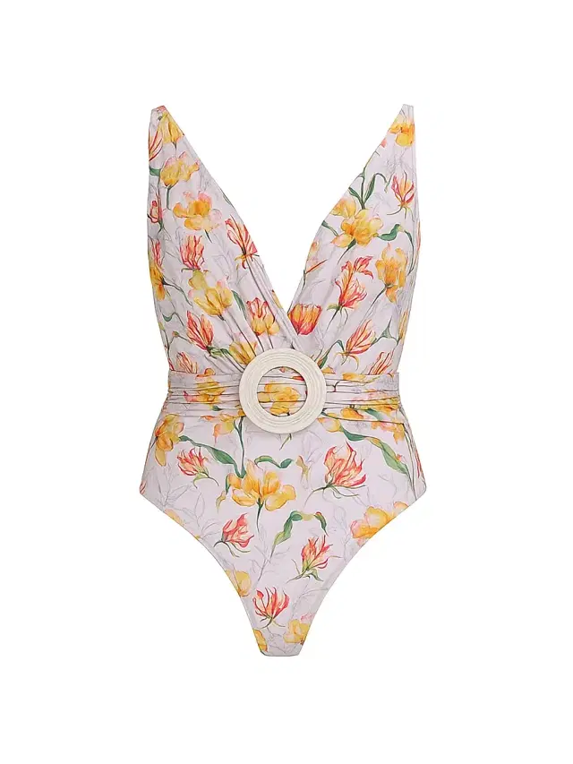 Women's Honey Flower Plunge One-Piece Swimsuit - Off White