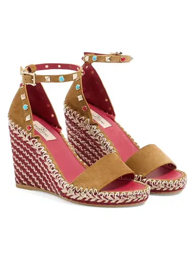 Valentino Garavani Women's Rockstud 105MM Double Wedge Sandals in Split Leather with Cabochon Stones - Havana Beige - Size 12 | Thumbnail 2