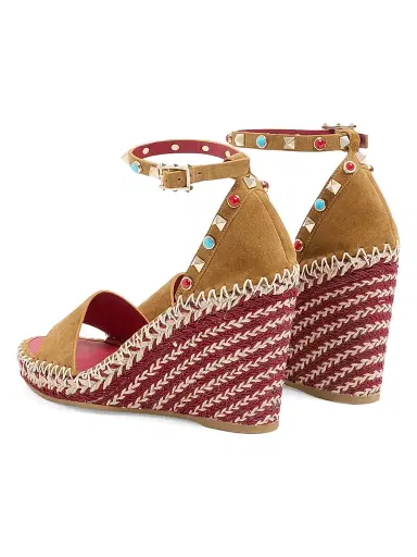 Valentino Garavani Women's Rockstud 105MM Double Wedge Sandals in Split Leather with Cabochon Stones - Havana Beige - Size 12 | Thumbnail 3