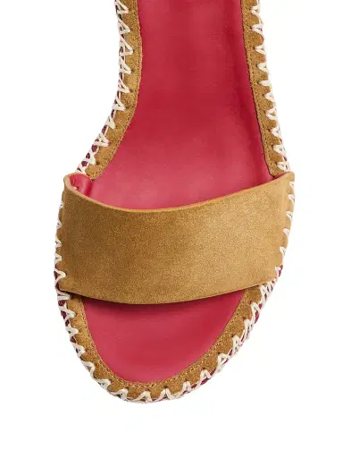 Valentino Garavani Women's Rockstud 105MM Double Wedge Sandals in Split Leather with Cabochon Stones - Havana Beige - Size 12 | Thumbnail 4
