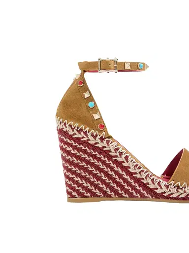 Valentino Garavani Women's Rockstud 105MM Double Wedge Sandals in Split Leather with Cabochon Stones - Havana Beige - Size 12 | Thumbnail 5