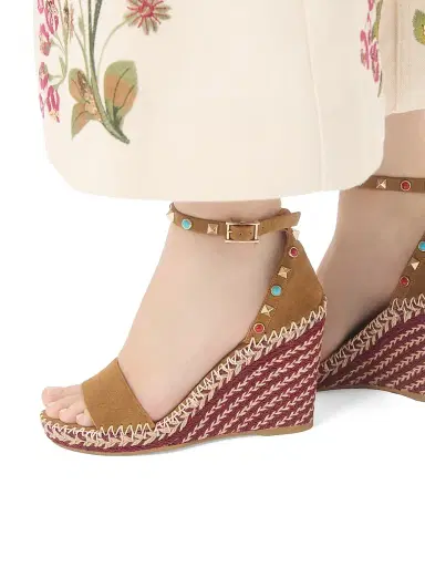 Valentino Garavani Women's Rockstud 105MM Double Wedge Sandals in Split Leather with Cabochon Stones - Havana Beige - Size 12 | Thumbnail 6