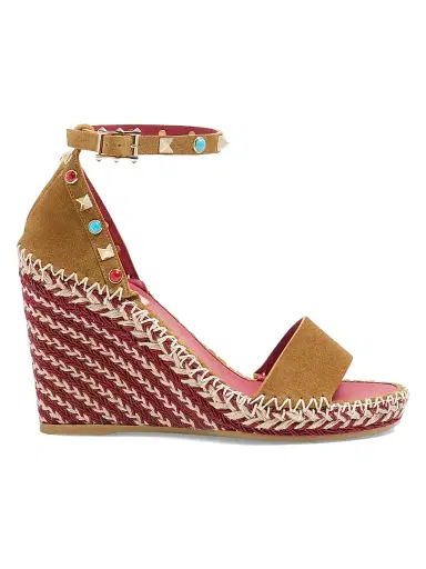Valentino Garavani Women's Rockstud 105MM Double Wedge Sandals in Split Leather with Cabochon Stones - Havana Beige - Size 12 | Thumbnail 1