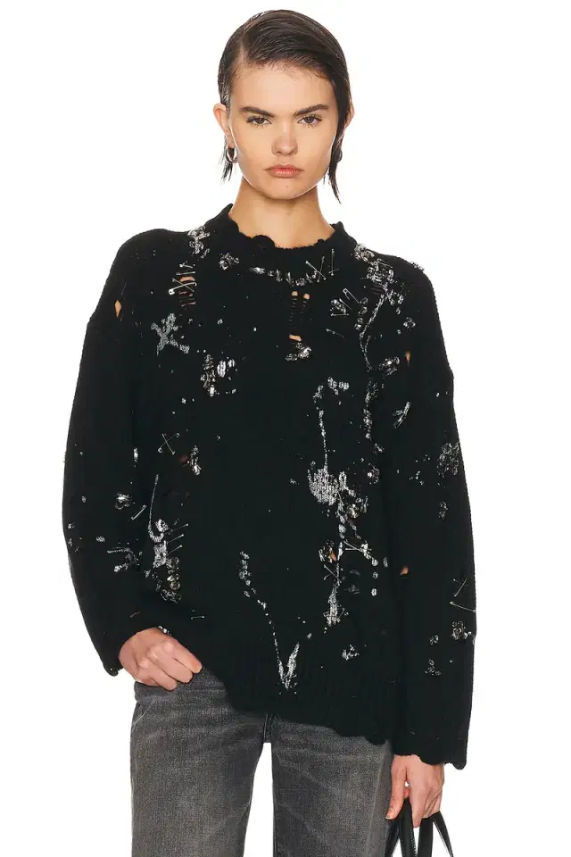 R13 Distressed Oversized Crystal Pin Sweater