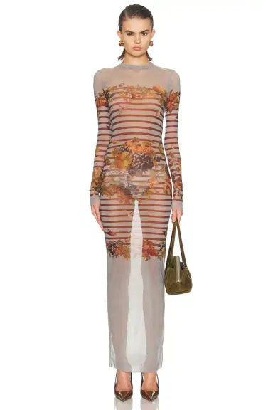 Jean Paul Gaultier Mesh Printed Marinière Grape Long Dress | Thumbnail 1