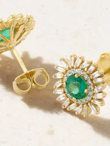Suzanne Kalan 18-karat Gold, Diamond And Emerald Earrings | Thumbnail 3