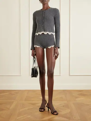 Magda Butrym Cropped Lace-trimmed Ribbed Wool Cardigan | Thumbnail 2 Magda Butrym Cropped Lace-trimmed Ribbed Wool Cardigan | Thumbnail 2