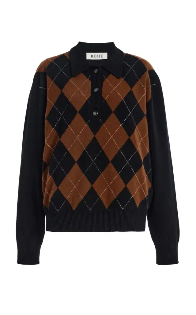 Checked Compact-Knit Wool Polo Sweater
