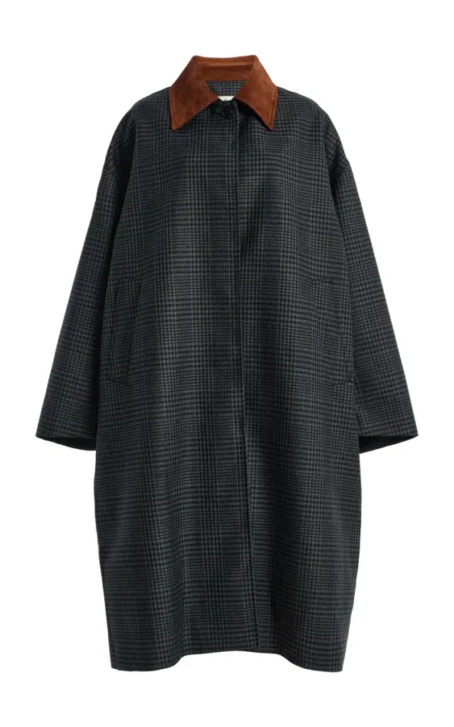 Suede-Collar Checked Wool Coat
