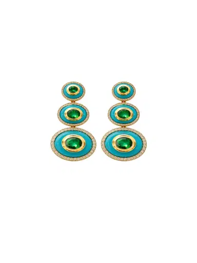 Wish Fine Jewelry 22.196ct Diamond Emerald Turquoise 18K Gold Cab Oval Earrings | Thumbnail 1