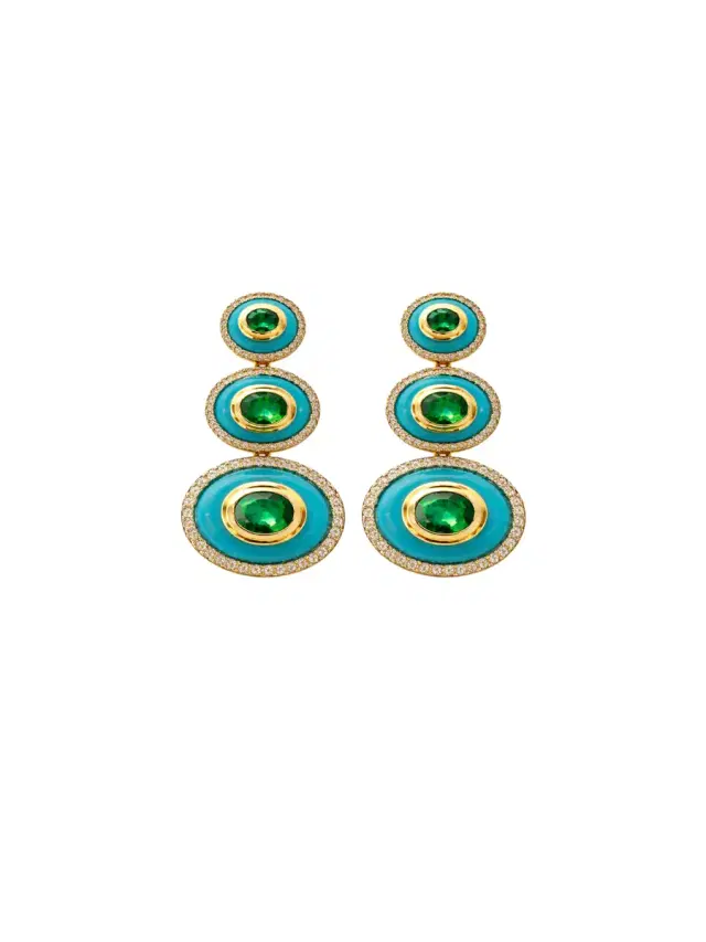 Wish Fine Jewelry 22.196ct Diamond Emerald Turquoise 18K Gold Cab Oval Earrings