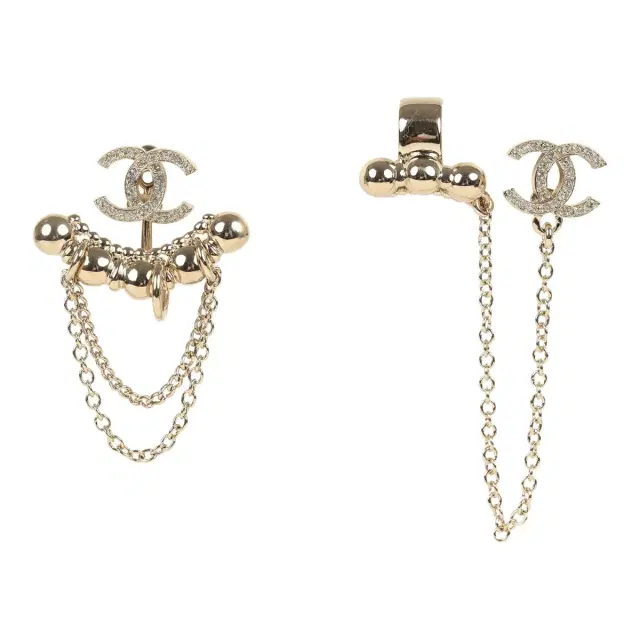 Chanel Chanel Crystal CC Dangle & Chain Link Ear Cuff Earrings Light Gold Tone Hardware