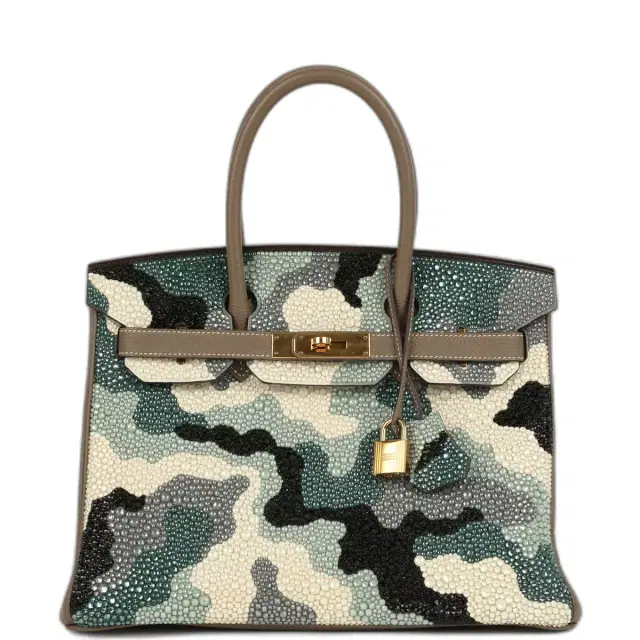 HERMÈS Custom "Camouflage" Swarovski Crystal Hermes Birkin 30 Etoupe Togo Gold Hardware