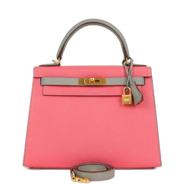 hermes Pre-owned Hermes Special Order (HSS) Kelly Sellier 28 Rose Azalee and Gris Mouette Epsom Brushed Gold Hardware