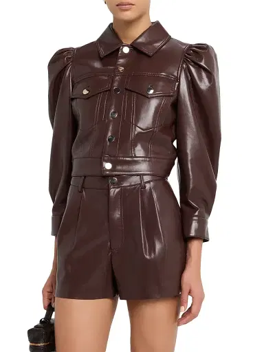 ALICE + OLIVIA Women's Lana Faux-Leather Trucker Jacket - Dark Chocolate | Thumbnail 3 ALICE + OLIVIA Women's Lana Faux-Leather Trucker Jacket - Dark Chocolate | Thumbnail 3
