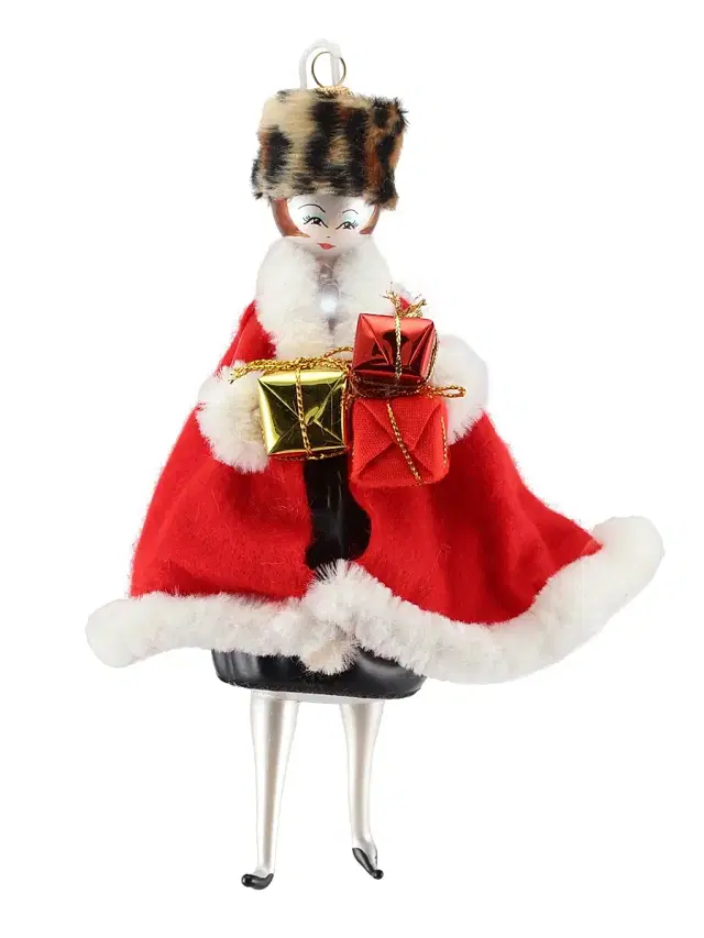 De Carlini Soffieria Lady with Red Coat & Leopard Hat Ornament