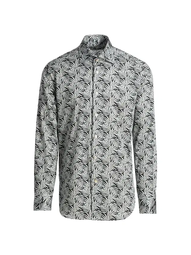 Men's Leaf Print Stretch-Cotton Shirt - Black