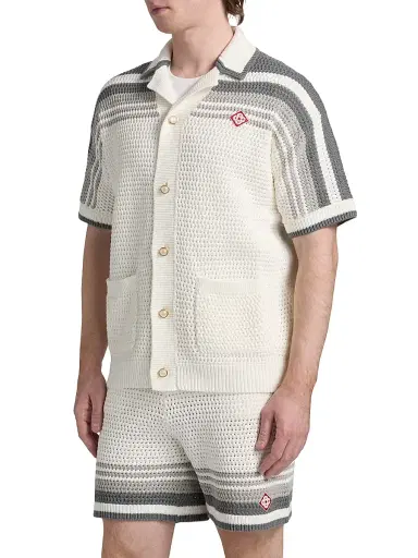 Casablanca Men's Crochet Cotton Camp Shirt - White Grey - Size XL | Thumbnail 4