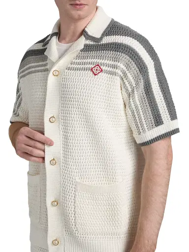 Casablanca Men's Crochet Cotton Camp Shirt - White Grey - Size XL | Thumbnail 6