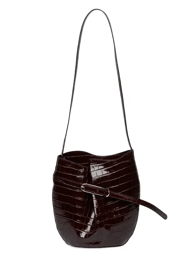 Women's Belted Croc-Embossed Leather Bucket Bag - Dark Brown Silver