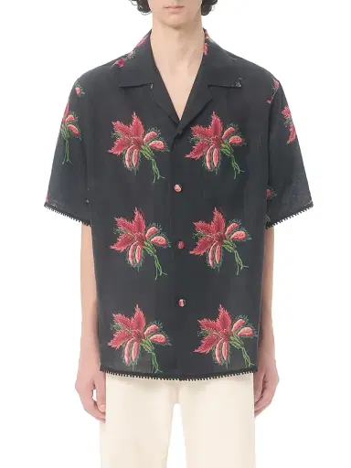Valentino Garavani Men's Linen Bowling Shirt with Papier Floral Print - Black Red - Size 34 | Thumbnail 2
