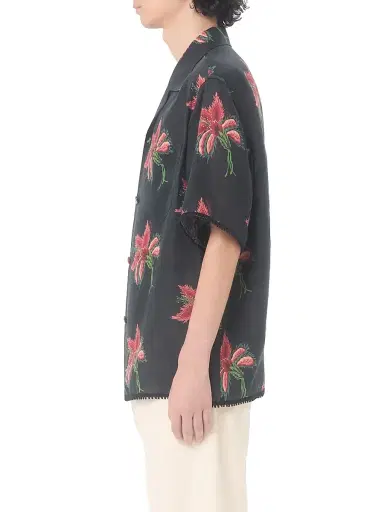 Valentino Garavani Men's Linen Bowling Shirt with Papier Floral Print - Black Red - Size 34 | Thumbnail 3