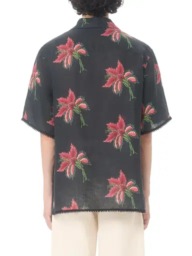 Valentino Garavani Men's Linen Bowling Shirt with Papier Floral Print - Black Red - Size 34 | Thumbnail 4
