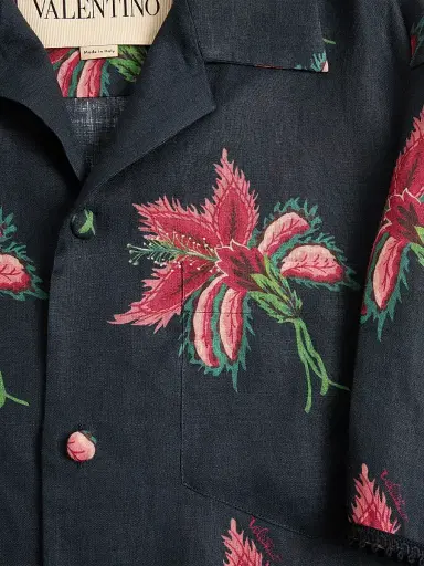 Valentino Garavani Men's Linen Bowling Shirt with Papier Floral Print - Black Red - Size 34 | Thumbnail 6