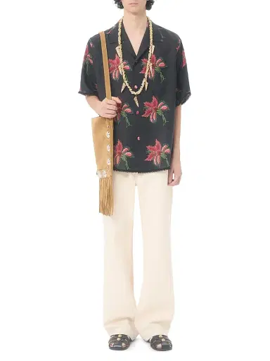 Valentino Garavani Men's Linen Bowling Shirt with Papier Floral Print - Black Red - Size 34 | Thumbnail 7