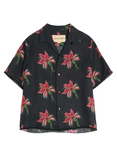 Valentino Garavani Men's Linen Bowling Shirt with Papier Floral Print - Black Red - Size 34 | Thumbnail 1