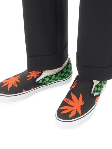 Valentino Garavani Men's and Vans Slip-On Fabric Sneaker with VLogo Checkerboard Print and Tropical Leaves Print - Black Red Green | Thumbnail 8