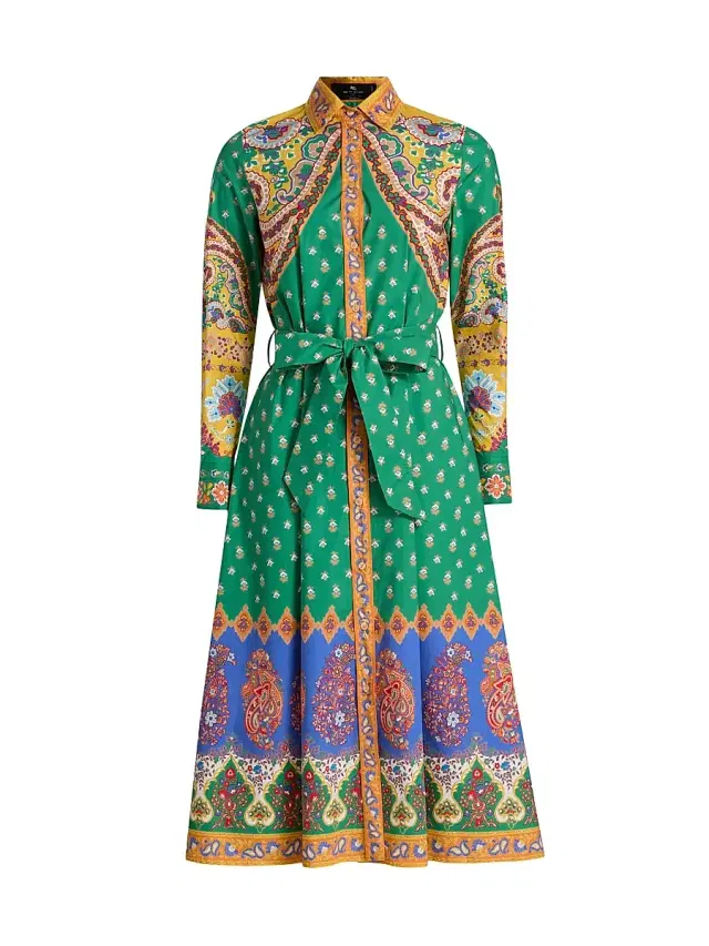 Etro Women's Printed Cotton Belted Shirtdress - Stampa Verde