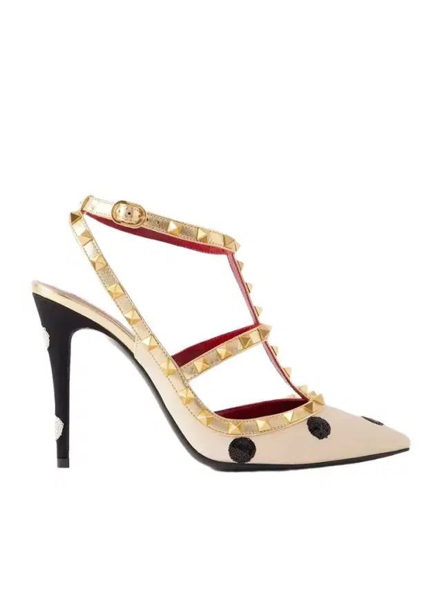 Rockstud Embellished Studded Polka-dot Canvas Pumps