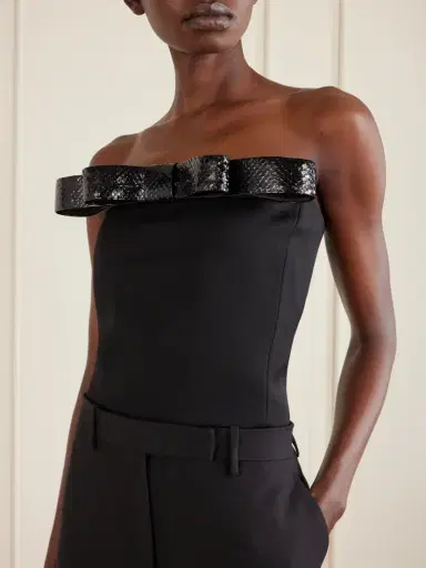 Tom Ford Off-the-shoulder Snake-effect Leather-trimmed Wool-twill Top | Thumbnail 4