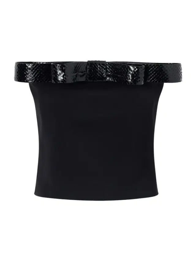 Off-the-shoulder Snake-effect Leather-trimmed Wool-twill Top