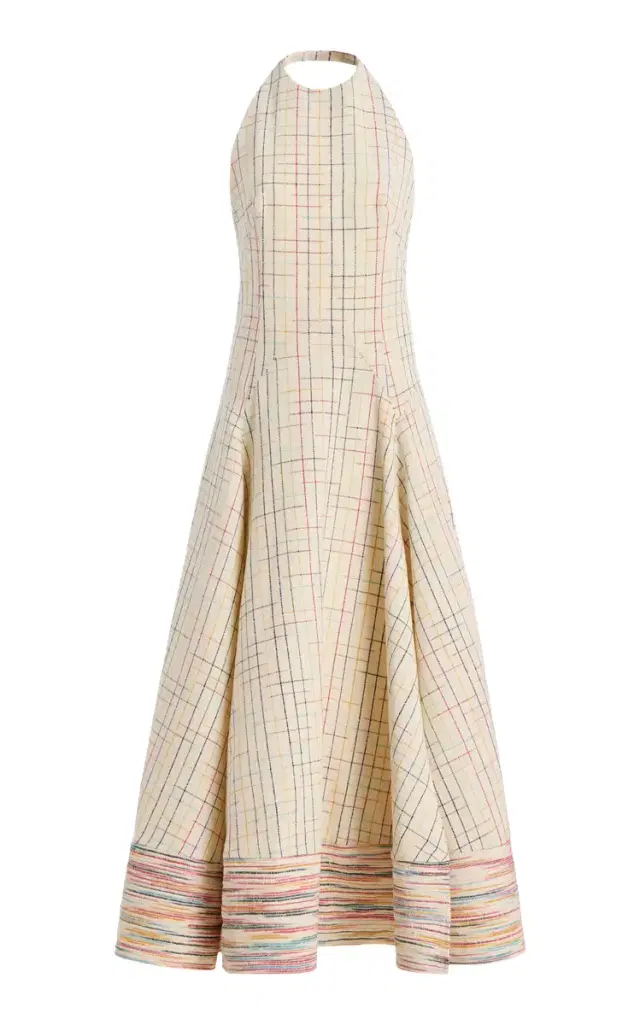 Rosie Assoulin Full Sweep Checked Silk Maxi Halter Dress