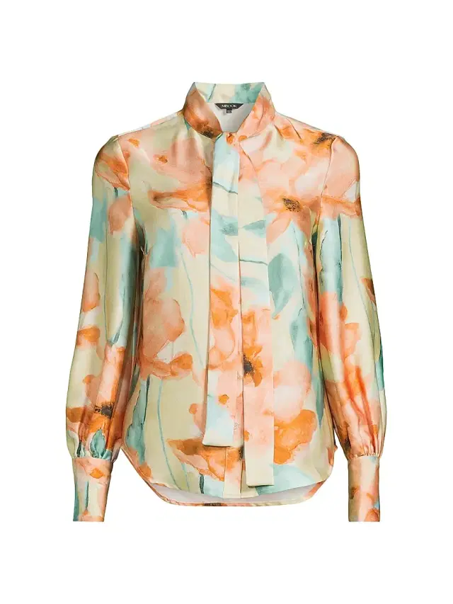 Misook Women's Floral Tieneck Crepe de Chine Blouse - Sunglow Amber Glow Fresh Mint