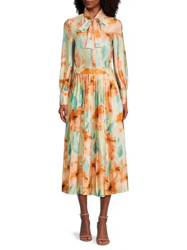 Misook Women's Floral Pleated Crepe de Chine Midi-Skirt - Sunglow Amber Glow Fresh Mint - Size XXL | Thumbnail 2