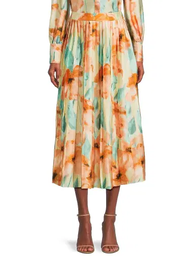 Misook Women's Floral Pleated Crepe de Chine Midi-Skirt - Sunglow Amber Glow Fresh Mint - Size XXL | Thumbnail 3