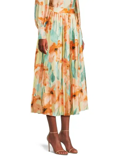 Misook Women's Floral Pleated Crepe de Chine Midi-Skirt - Sunglow Amber Glow Fresh Mint - Size XXL | Thumbnail 4