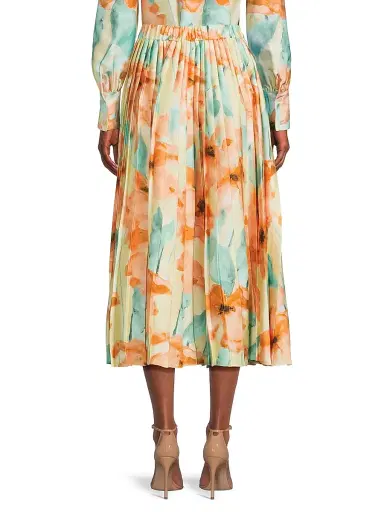 Misook Women's Floral Pleated Crepe de Chine Midi-Skirt - Sunglow Amber Glow Fresh Mint - Size XXL | Thumbnail 5
