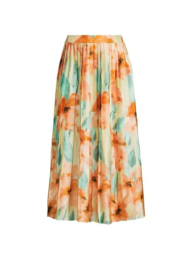 Misook Women's Floral Pleated Crepe de Chine Midi-Skirt - Sunglow Amber Glow Fresh Mint - Size XXL | Thumbnail 1