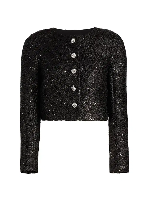 Women's Sequined Tweed Crop Jacket - Black