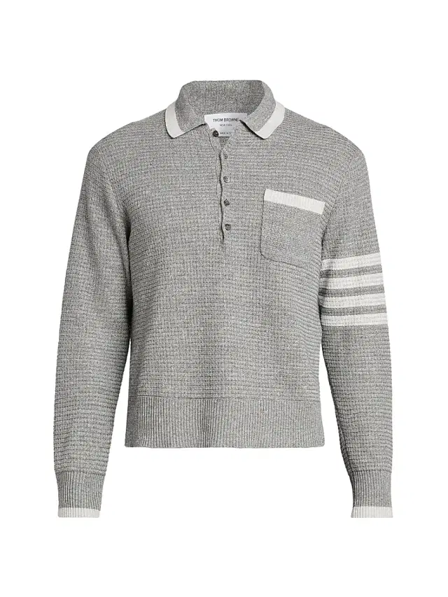 Men's Textured Linen-Cotton Polo Shirt - Light Grey